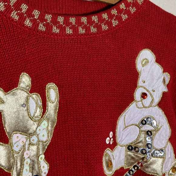 vintage ugly christmas sweater size M teddy bear Gold Lame Appliqué Sequins Red - Picture 3 of 11